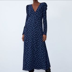 Zara Navy Polka Dot Midi Dress